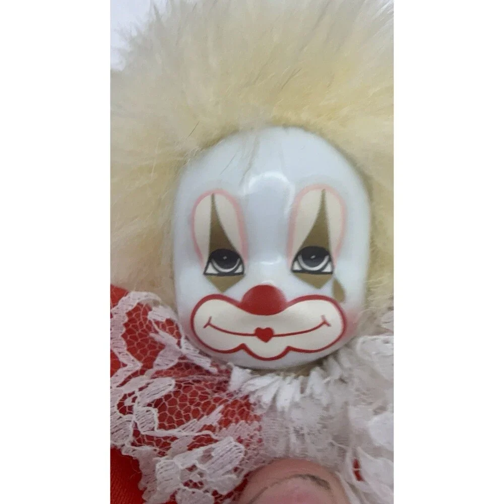 Vintage Porcelain Clown Doll 7” Red White Hearts Outfit Made in Thailand